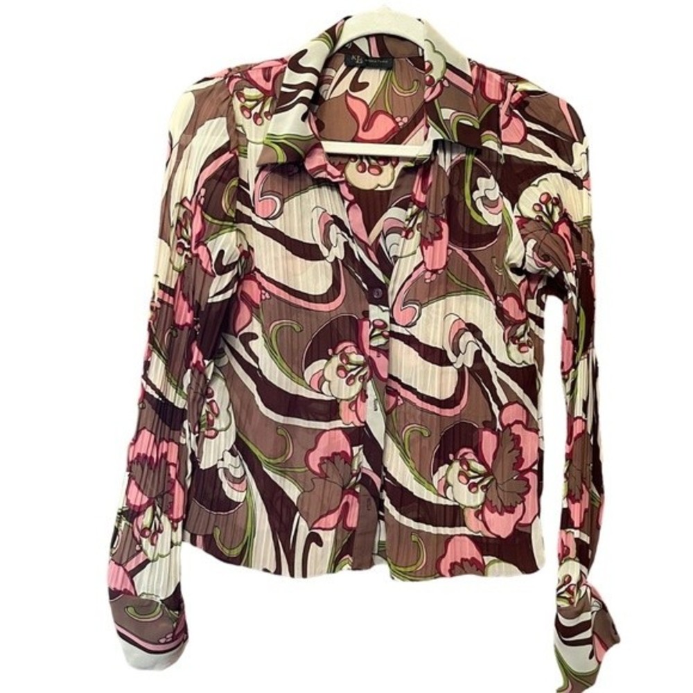 KLD Signature Floral Print Button Up Pleated Blouse Long Sleeve Brown Sz S/M